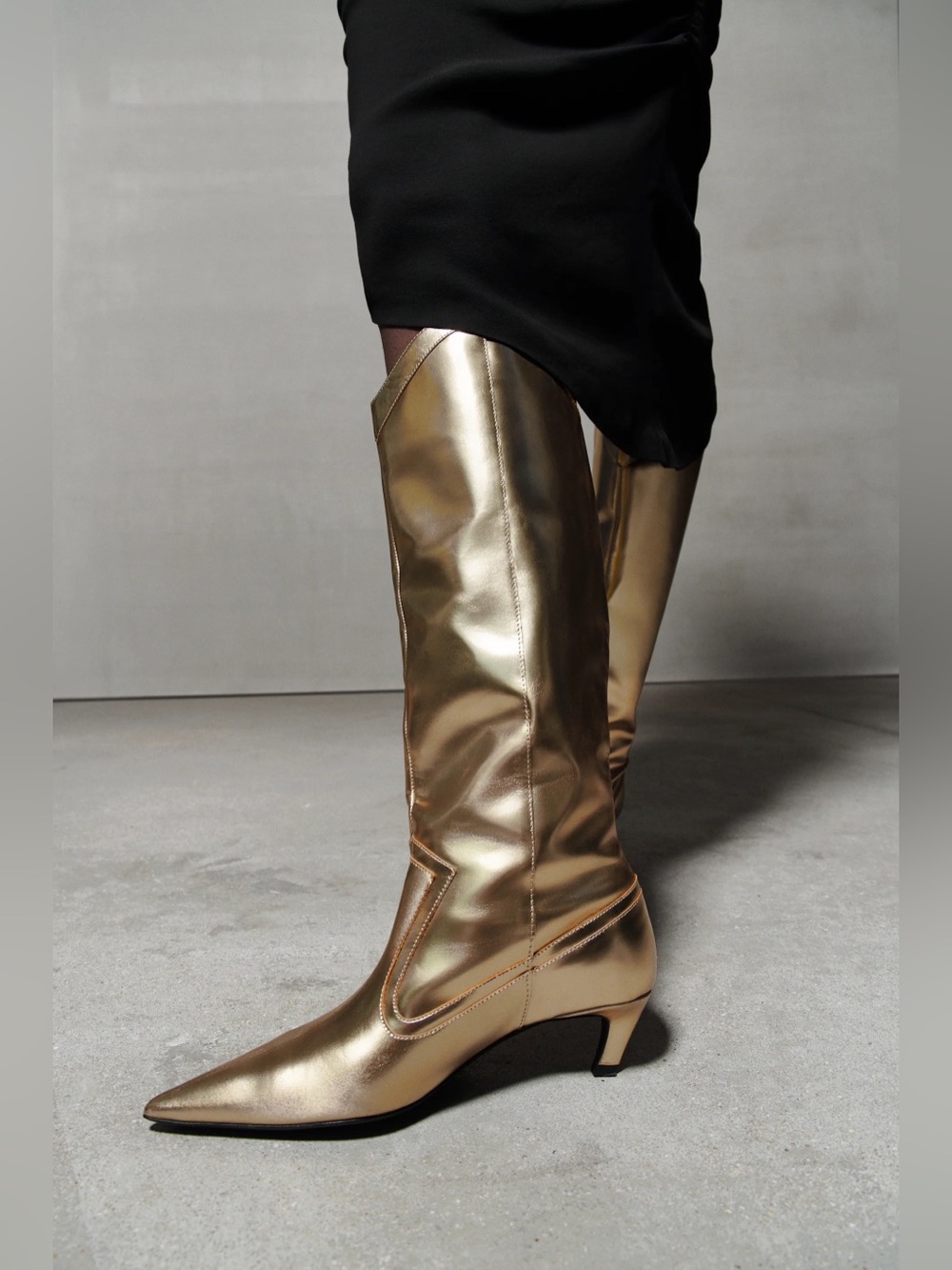 Zara Metallic Gold Western Knee-High Stiletto Boots – Size 39 (US 8)